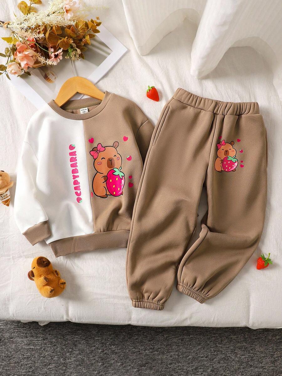 SHEIN Young Girl Casual Minimalist Comfortable Round Neck Bow Decor T-Shirt And Skirt Set - Khaki - View 1