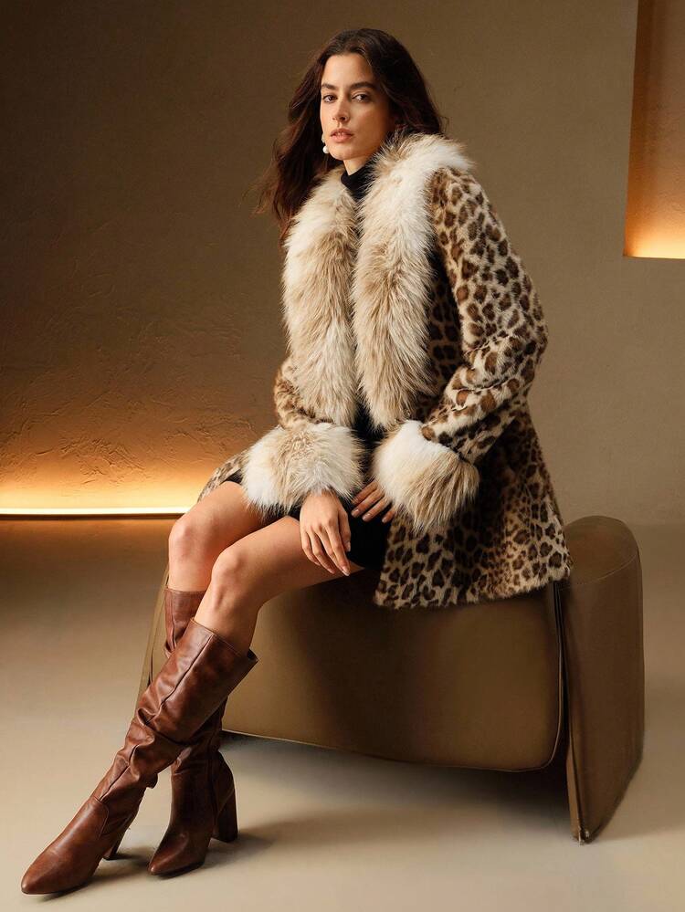 Cappotto donna in pelliccia ecologica con stampa leopardata, adatto per l'autunno e l'inverno