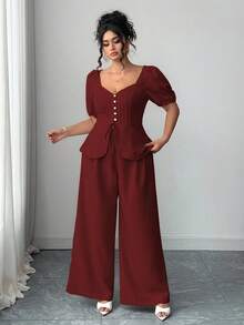 Elenzga Conjunto de 2 piezas de top con mangas abullonadas y pantalones de pierna ancha, elegante y casual, con estilo retro francés para el día a día - Burdeos - Ver 4