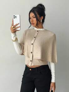 Elenzga Women's Poncho Button Elegant Batwing Knit Cardigan Sweater - Khaki - View 6