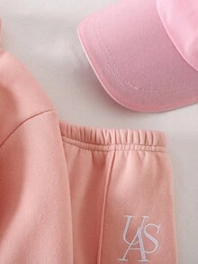 SHEIN 女婴两件套保暖套装，刺绣字母连帽卫衣和裤子，适合室内外穿着，秋冬季节。 - 淺粉色 - 查看 4