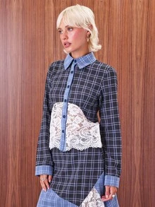 COUREZ 长袖格纹衬衫，带蕾丝细节 / Y2K 风格，女士春季外出可爱上衣 - 彩色 - 查看 5