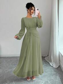 Elenzga Women's Spring/Summer French Romantic Sicily Elegant Casual Commute Vacation Afternoon Tea Party Round Neck Ruched Waist Drawstring A-Line Elastic Waist Long Sleeve Maxi Dress Fall Cloth For Women - Army Green - View 3