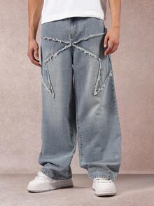 SUMWON Distressed Wide Leg Jeans With Star Design Frayed Details Oversized Baggy Cut Casual Streetwear Denim Pants Winter Fall Fashion - Blue - View 1