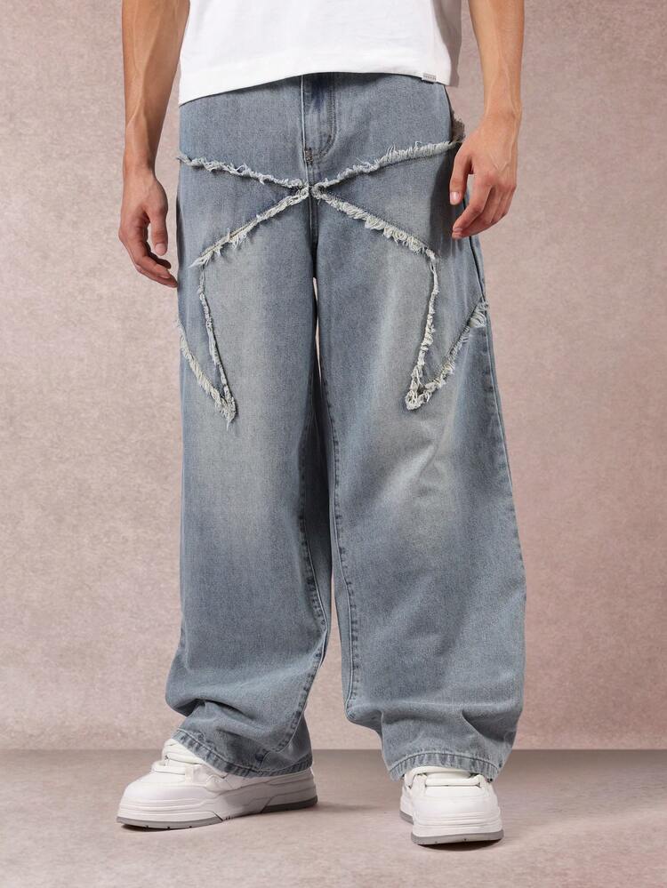 Wide Leg Denim Jeans With Star Pattern Frayed Details