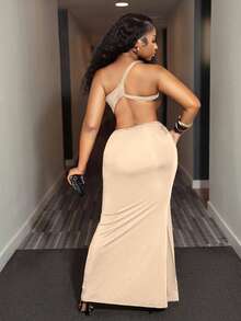 Mistrie 女式纯色无袖腰部镂空褶饰紧身连衣裙 - 卡其色 - 查看 8