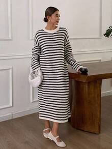 DAZY Contrast Black & White Striped Loose Long Sleeve Crew Neck Casual Street Style Maxi Sweater Dress For Women, Autumn - Beige - View 5