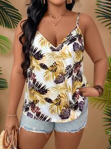 SHEIN VCAY Plus Size Women Leaf Print Camisole Top, Casual Vacation Wear