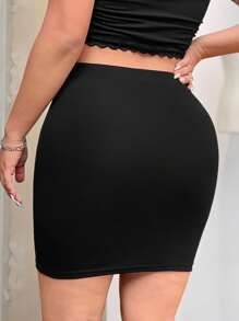 SHEIN EZwear Women's Plus Size Basic Slim Fit Solid Color Skirt - Black - View 2
