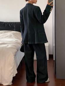 Livesso 女式翻领西装外套和宽松牛仔裤套装（秋冬） - 藍色 - 查看 2