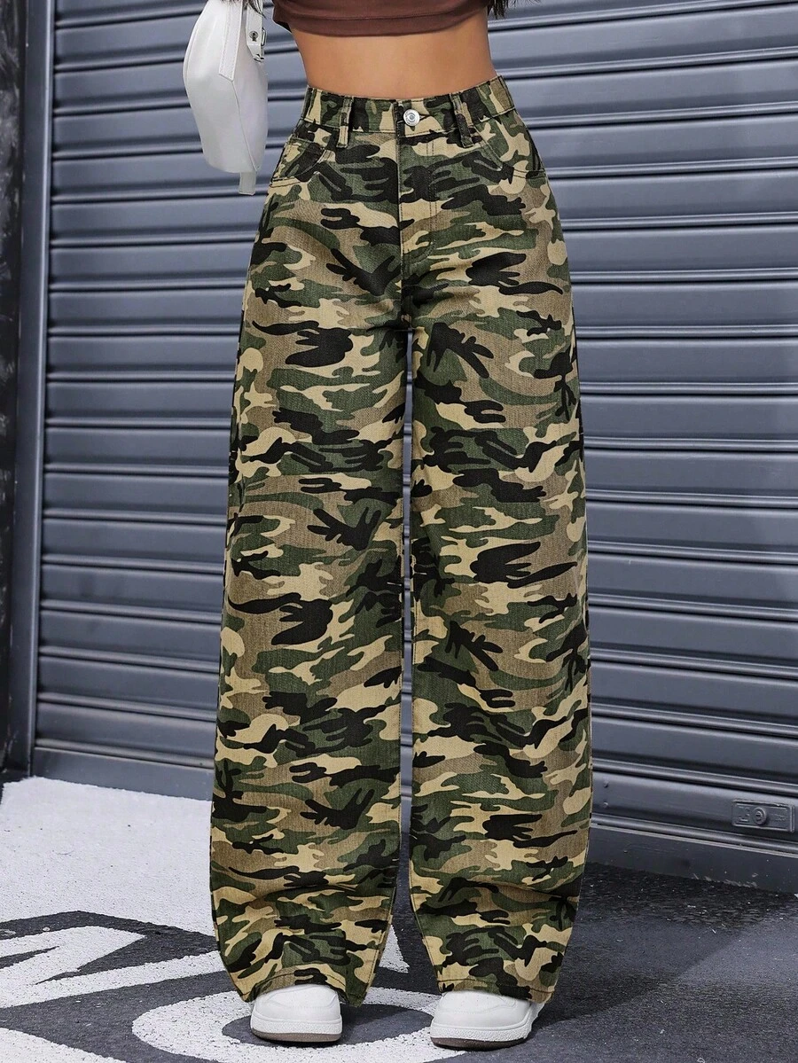 Jeanoix Camouflage Print Pocket Casual Versatile Wide Leg Jeans - Multicolor - View 1
