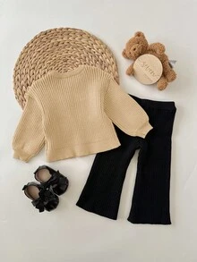 SHEIN 2件套女婴可爱棕色蝴蝶结针织毛衣和喇叭裤套装，秋冬 - 彩色 - 查看 2