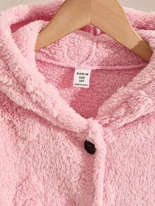 女童休闲可爱蝴蝶结领保暖羊毛纽扣夹克，适合秋冬季家居和日常穿着 - 粉色 - 查看 4