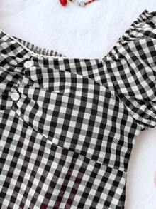SHEIN Tween Girl Casual Minimalist Comfortable Plaid Back Strap Shirt Blouses For Girls Girls Babydoll Top Girls Checkered Top Shirts For Tween Girls Black And White - Black and White - View 6