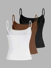 Tseoso 3pcs/Set Women's Slim-Fit Camisole Tops,95% Cotton White And Brown Basic Cami Tops,Casual Summer Fitted Tank Tops,Cute Everyday Versatile Softgirl - Multicolor - View 2