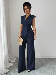 Elenzga Women's Elegant Casual Suit Set With Collared Sleeveless Blouse And Elastic Waist Pants, Suitable For Work, Vacation, Afternoon Tea, Party, Spring/Summer - Navy Blue - View 3