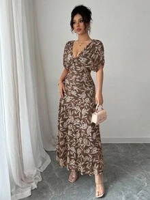 Elenzga Váy maxi chữ A dáng dài cổ chữ V buông vai thanh lịch kiểu Pháp dành cho nữ, thích hợp đi biển, tiệc trà chiều, tiệc tùng - Màu nâu Sô-cô-la - Xem 6