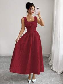 Elenzga 全新女式编织纹理花卉面料细肩带蝴蝶结设计腰部 A 字型时尚百搭优雅精致淑女连衣裙 - 酒紅色 - 查看 4