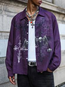 ROMWE MEN Style Turndown Collar Gothic Long Sleeve Loose Fit Men's Shirt, For Fall - Purple - View 5