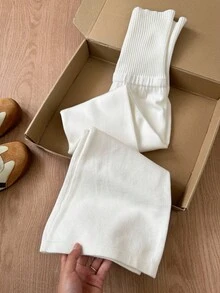 SHEIN Serisse Kids Tween Girls Simple Solid Apricot Tight High Waist Flare Leg Knit Sweater Pants, Suitable For Home, Outdoor, Casual Daily Wear Bell Bottom Pants Knit Bell Bottoms White Flare Pants White Bell Bottoms Knit Pants White Bell Bottom Pants Ribbed Knit Pants White Knit Pants Knit Flare Pants Ribbed Knit Flared Pants, Mother Daughter Outfits, Mommy And Me Matching Outfit Fall Winter White Pants