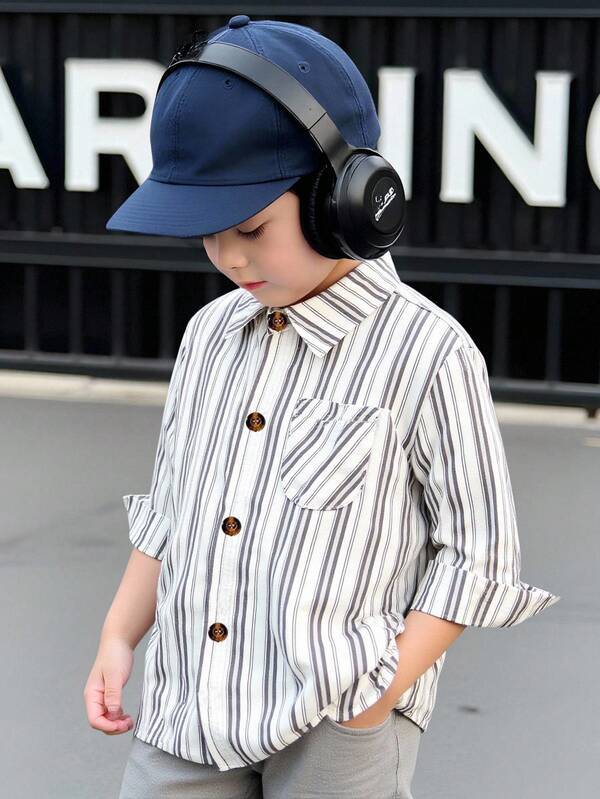 Camisa de manga larga con cuello y rayas verticales, de moda y versátil para niños