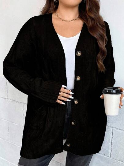 EURMUSE Plus Size Casual Varm Enfärgad Kofta Med Knappar Framtill, Höst/Vinter