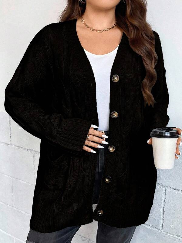 Cardigan casual à boutons en couleur unie, chaud, grande taille, automne/hiver