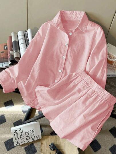 青少年女孩休闲纯色衬衫和短裤套装