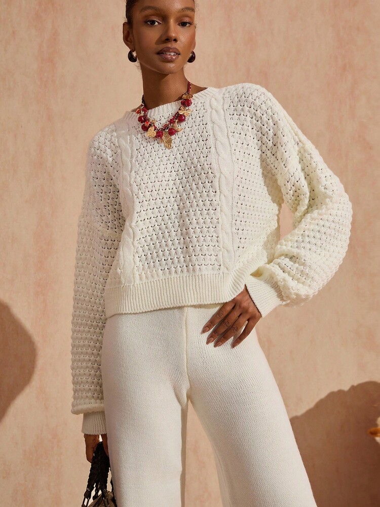 Bóhologie 休闲圆领超大圆领灯笼袖麻花针织舒适温暖触感毛衣和阔腿高腰针织裤睡衣舒适造型适合秋冬女装 - 杏色 - 查看 3