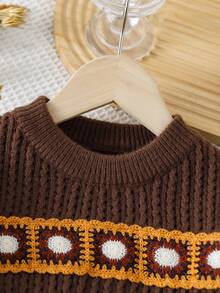 Back-To-School Young Girls Thick Round Neck Cable Knit Sweater,Oversized Loose Fit Vintage Embroidered Patch Casual Wear For School Autumn Fall Winter - Brown - View 3