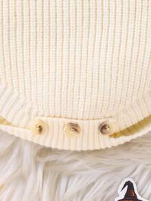 SHEIN Baby Boys/Girls Knitted Long Sleeve Bodysuit, Comfortable For Autumn/Winter, Beige Color, Versatile For Daily Wear, Embroidered Halloween Pumpkin Design, Stylish & Cute, Suitable For Holidays, Home, Outings, Travel - Apricot - View 5