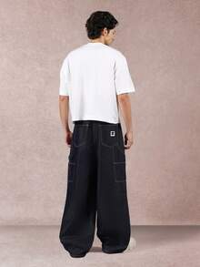 SUMWON 阔腿宽松牛仔裤，工装风格，侧边口袋设计，撞色缝线，秋冬时尚简约款 - 藍色 - 查看 5