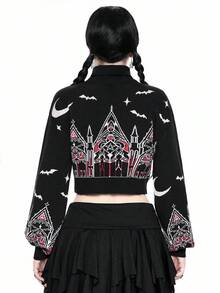 ROMWE Gothic Halloween Castle & Cross Pattern Women's Turtleneck Contrast Color Pullover Sweater - Black - View 4