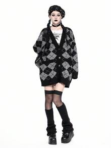 ROMWE Academia 女式菱形拼色V领宽松学院风针织开衫，秋冬款 - 灰色 - 查看 1