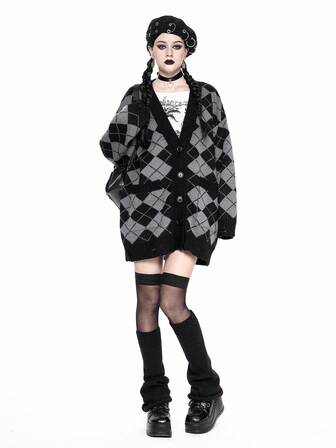 Academia Women's Rhombus Color Block V-Neck Slouchy College Style Knitted Cardigan, Autumn/Winter