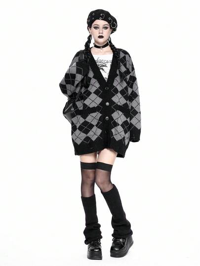 Academia Cardigan en tricot style collège avec col en V et blocs de couleurs en losange pour femmes, automne/hiver