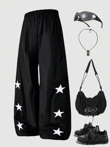 SHEIN Explorewe Tween Boys Casual Street Style Star Elastic Waist Black Pants Fall Winter - Black - View 1