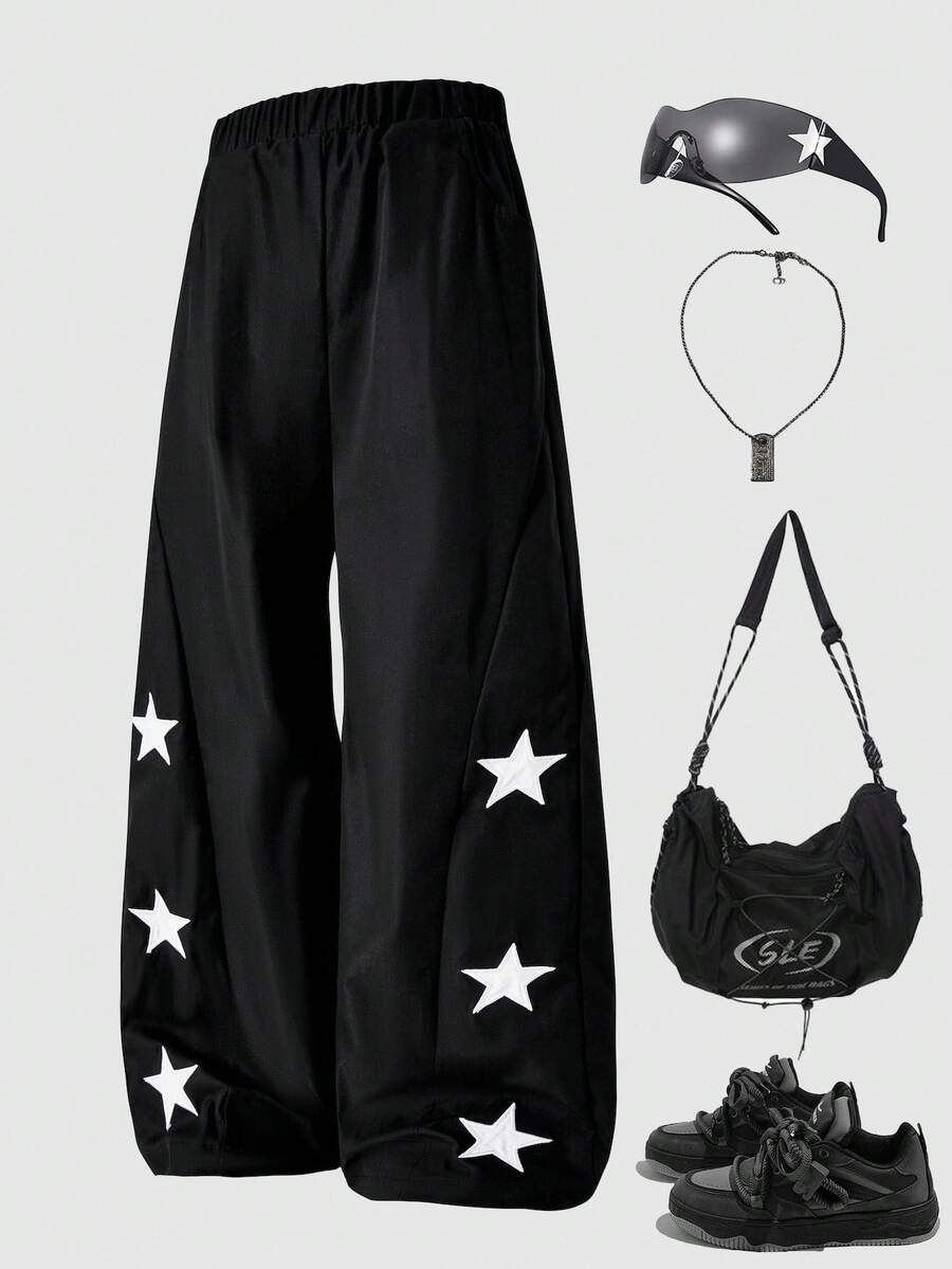 SHEIN Explorewe Tween Boys Casual Street Style Star Elastic Waist Black Pants Fall Winter - Black - View 1