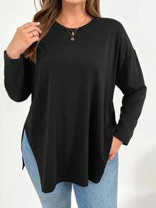 SHEIN Essnce 大码女装春秋时尚休闲宽松舒适日常简约基本百搭修身高开叉黑色 T 恤、秋装、外出上衣 - 黑色 - 查看 3