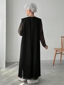 Chaqueta de mezclilla de longitud media con cuello redondo, botones delanteros y sin mangas, de moda para mujer - Negro - Ver 5