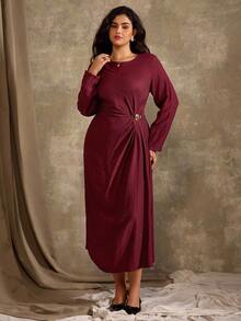 Roveilla Đầm maxi xẻ tà cổ tròn màu trơn thanh lịch tối giản cỡ lớn dành cho nữ, có chi tiết trang trí bằng kim loại, phù hợp mặc nơi công sở, thường ngày, đi nghỉ, tiệc tùng, xuân/hè - Màu Tím - Xem 4