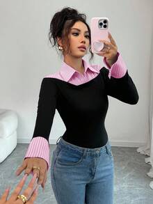 Elenzga 2025 秋冬修身二合一 Polo 领针织长袖衬衫，复古拼色 Polo 领修身性感长袖 T 恤秋冬，优雅通勤紧身 AB 片领喇叭袖口长袖半襟针织条纹多色 T 恤女秋冬，女图案 T 恤春季上衣 - 黑色 - 查看 6