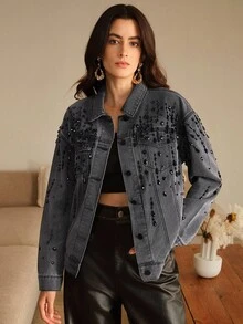Anewsta Vintage Style Diamond Embellished Black Denim Jacket For Women - Black - View 4