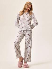 Loomlin Cottonline Women 2 Pcs Cute Rabbit Animal Pattern Homewear Cute Pajama Set Womens Pajama Sets With Bunnies Cotton Pajama Set Women Long Sleeve Pajama Set Women Comfy Pajama Sets For Women - Multicolor - View 4