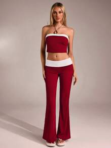 SHEIN Forever 21 Preppy Knit Stretch Slimming Strapless Pantsuit - Burgundy - View 3