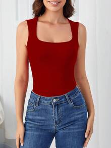 INAWLY Body casual de unicolor con cuello cuadrado para mujeres, verano - Rojo - Ver 3