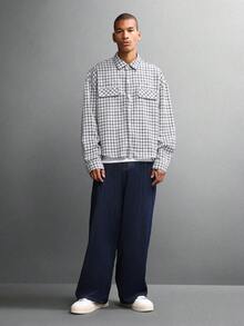 SUMWON Camisa de franela a cuadros corta con botones, manga larga, camisa de trabajo de estilo casual de calle, ajuste regular, con forro cepillado, ropa de trabajo utilitaria con bolsillos delanteros