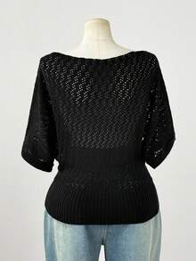 SHEIN CURVE+ 大码女式时尚优雅深色 Y2K 风格短袖针织上衣，适合春夏秋装、通勤、室内/室外、度假，馈赠佳品 - 黑色 - 查看 2