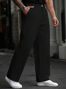Manfinity Homme Men Plus Size Solid Color Pockets Straight-Leg Casual Pants, Versatile, Fall - Black - View 4