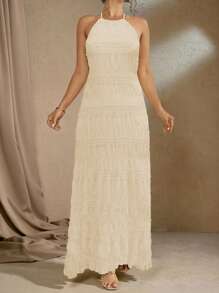 Flirla 大码纹理雪纺多层浪漫细肩带露背吊带连衣裙